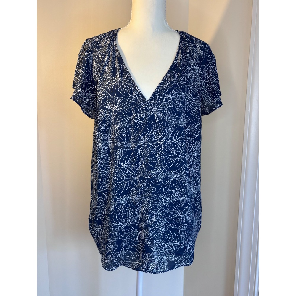 Navy Blue White‎ Botanical Print V-Neck Flutter Sleeve Blouse Top Size 14 Office